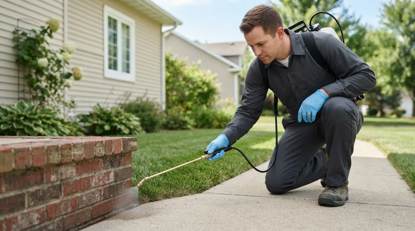 Pest control technician treating a home near Collins, WI