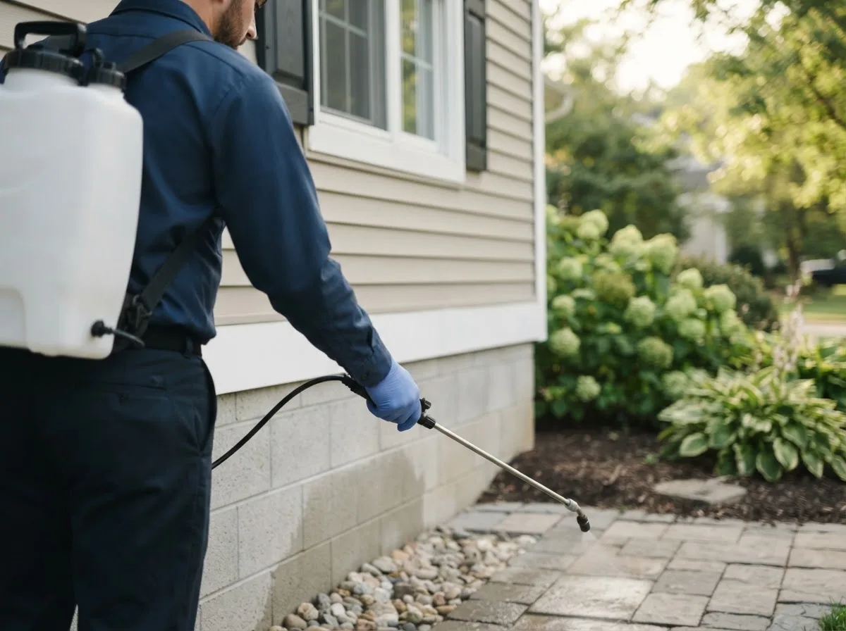 Pest control technician inspecting a home in Collins, WI